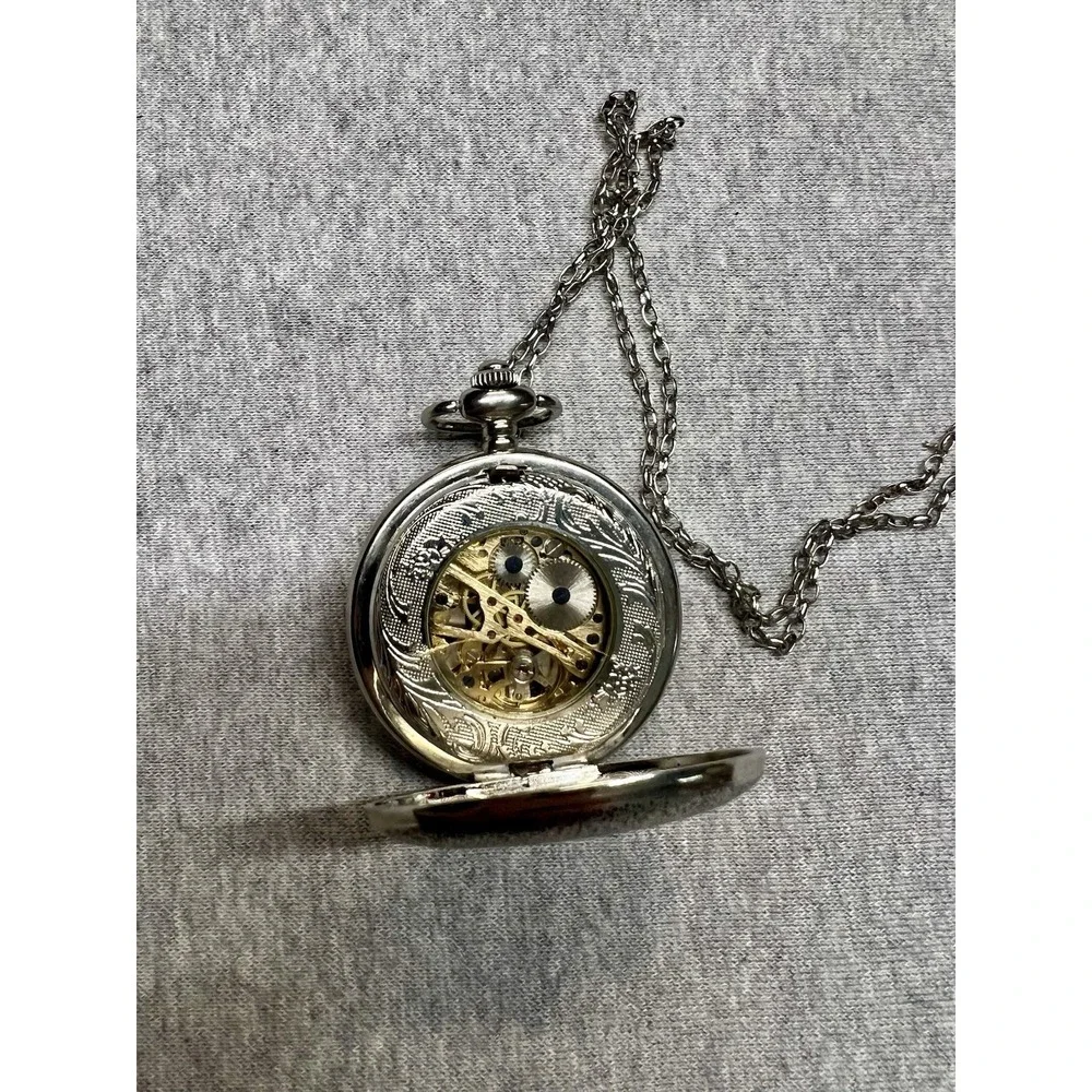 Silver Skeleton Steampunk Mechanical Pocket‎ Watch Hunter Case